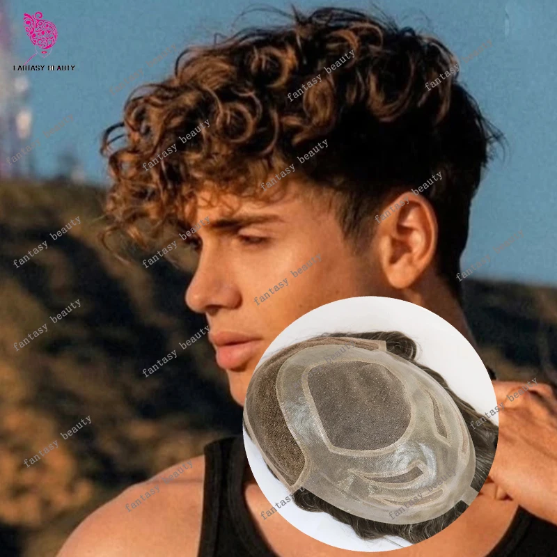 شقراء بني داكن تنفس 28 مللي متر مجعد شعري طبيعي Versalite الدانتيل الجبهة شعر بشري لعذراء الرجال الشعر المستعار الذكور خصلات الشعر المستعار الاصطناعية #1