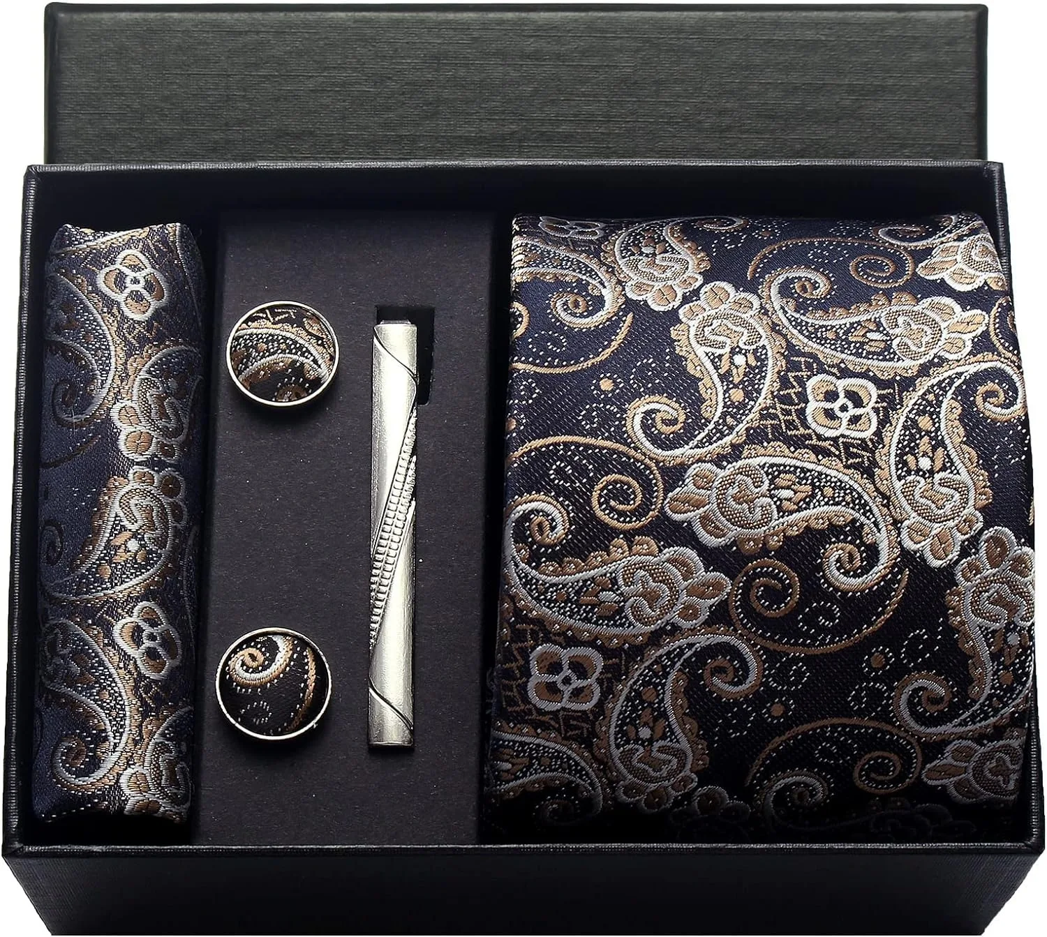 100 % Seidenkrawatte, Paisley-Blumenmuster, Herrenkrawatte, hochwertige Business-Krawatte, Einstecktuch, Krawattenklammer, Manschettenknöpfe-Set, klassisch, für Männer, Geschenkbox