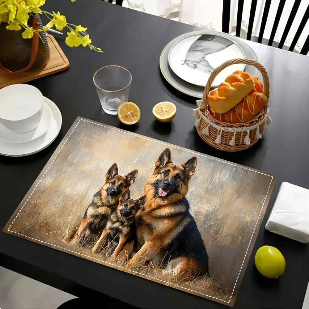 4pcs  Linen Placemat German Shepherd Dog Family Portrait Animal Lover Gift Kitchen Dining Table Mat Home Decor Idea