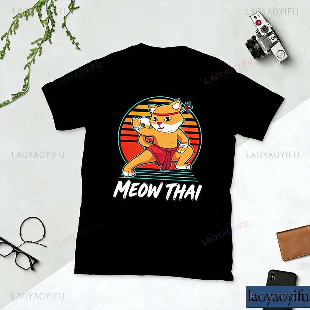 Boxing Cat Retro Boxing Muay Thai Shirt Meow Thai Funny Cat Shirt Mixed Martial Arts Funny Graphic T Shirts Cotton Short Sleeve