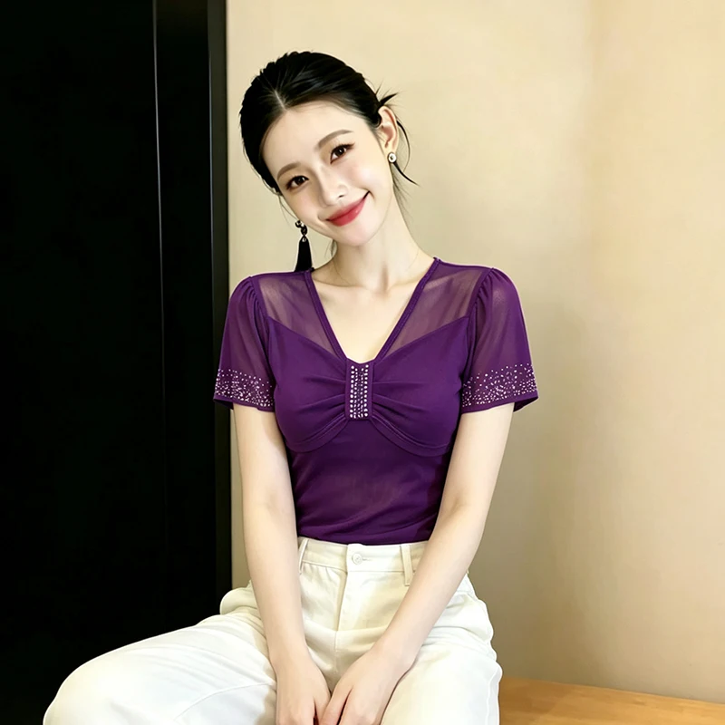 Summer Women's Fashion Design Diamond Embedded Bell Sleeve Short Sleeve Slimming Top Trendy T-shirt Daily Wear Universal Fit