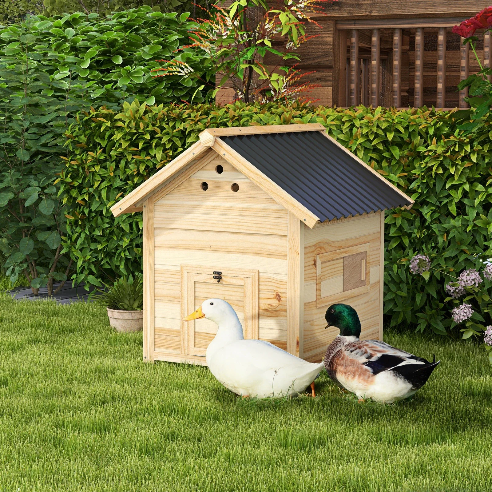 

Duck Coop Wooden Duck House w/ Openable Roof, Double Doors