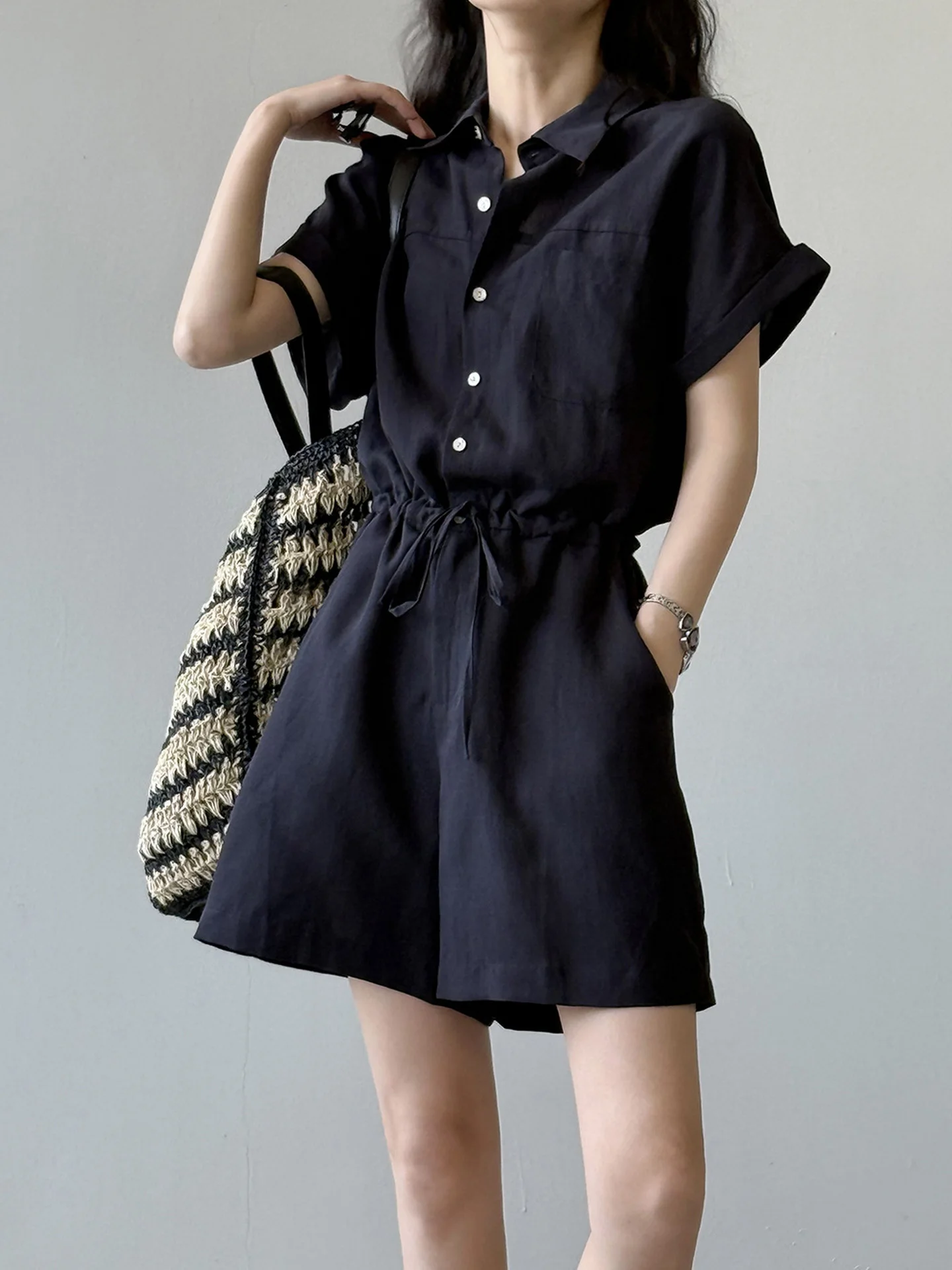 

Льняной комбинезон из искусственного шелка, женский ор Све, комбинезон, летняя винтажная рабочая одежда, брюки-карго с высокой талией, деталь на пуговицах