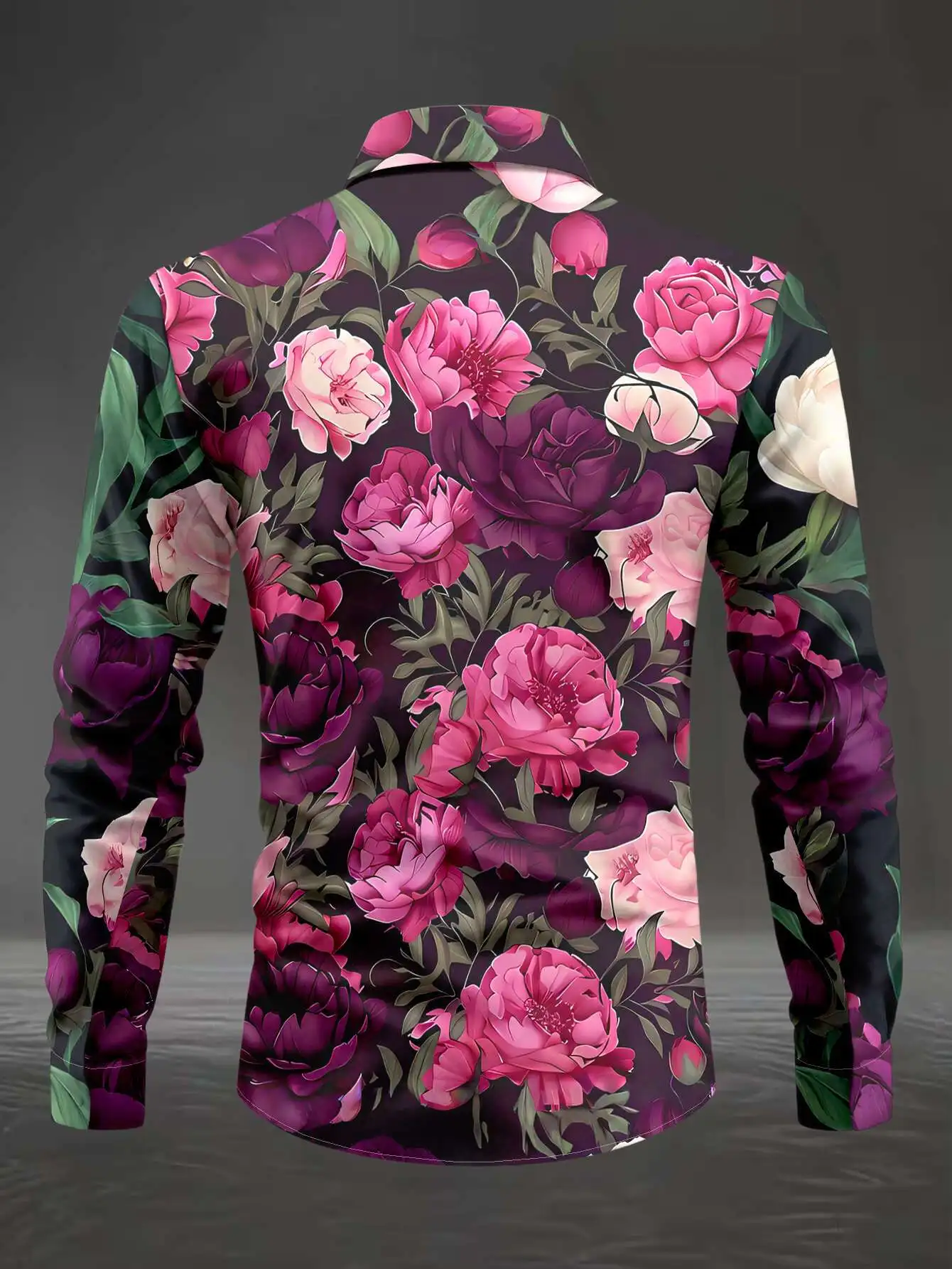 Men Lapel Collar Shirt Dark‑Black Tone Rich Multi‑Shade Pink‑Purple Peony Blossom Leaf Graphic Polyester Long‑Sleeve Top