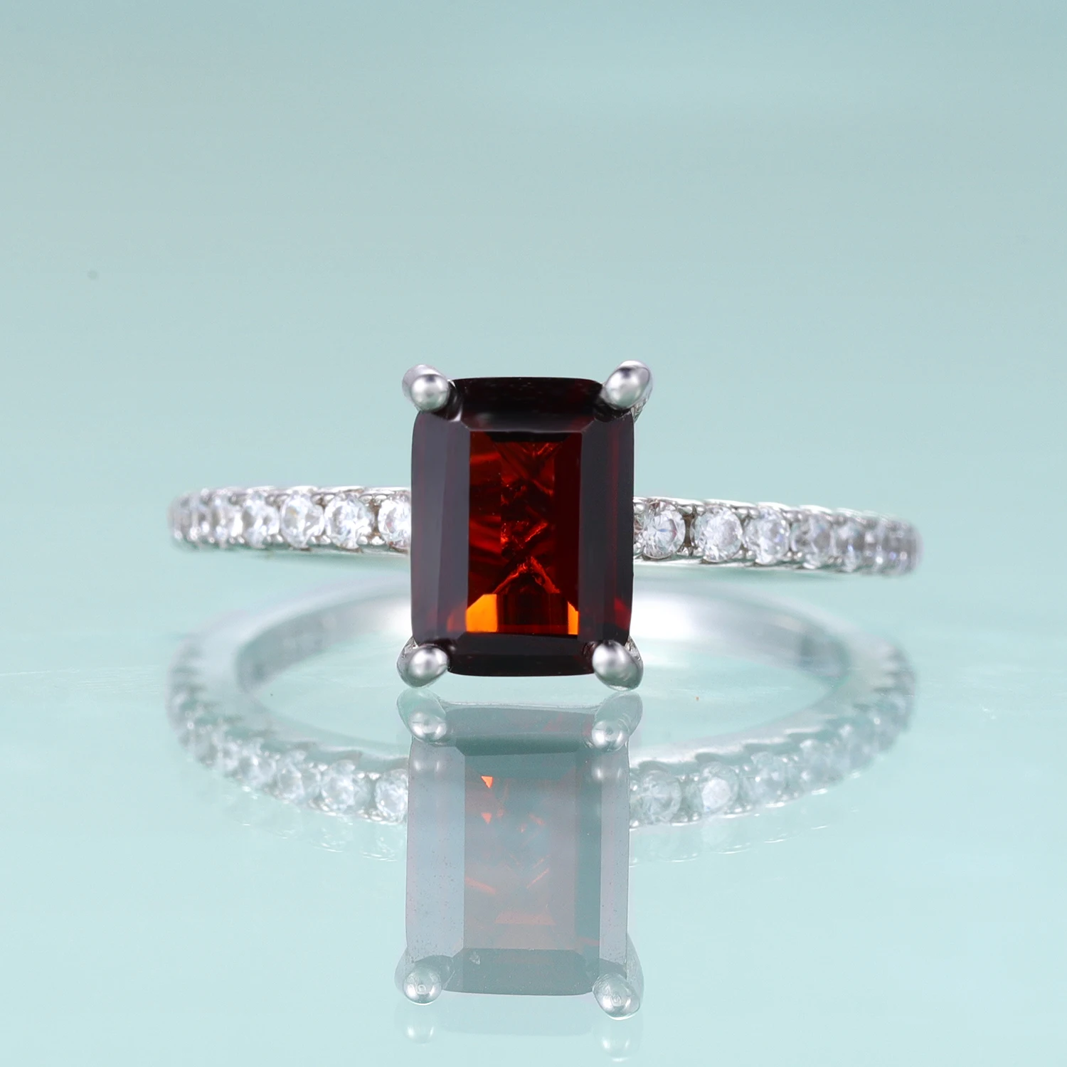 GEM'S BALLET Simulated Diamond Art Deco Bridal Rings Emerald Cut Red Garnet Engagement Ring Solitaire Wedding Ring Gift For Her