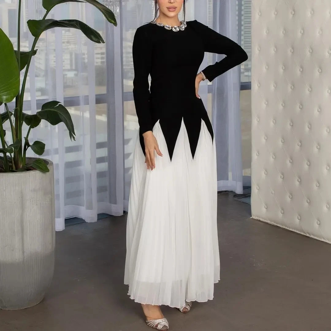 2024 Modern Prom Dresses Pleated A-Line Rhinestone Long Sleeves Party Gown Evening Dresses Vestidos Deفساتين مناسبة رسميةML-107