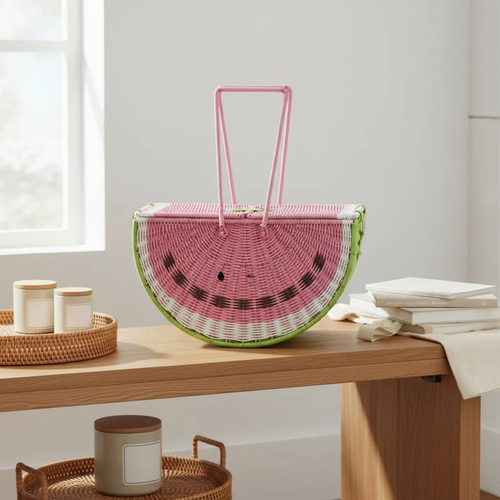 Watermelon Picnic Basket Printed Detailing Faux Rattan Picnic Basket Green Trim Woven