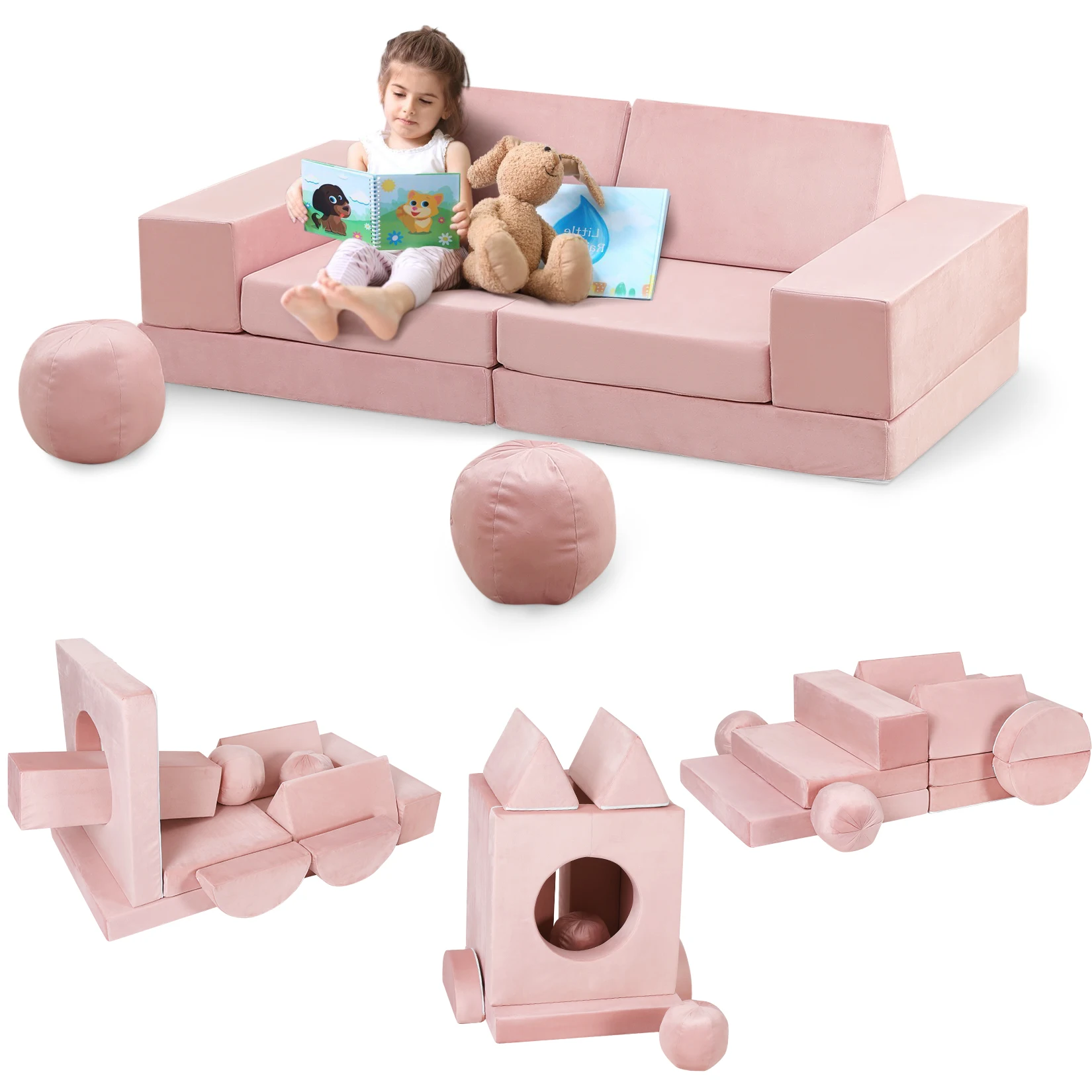 12-teiliges Modulares Kinder-Spielsofa Ausklappbares Kinder-Spielsofa-Set mit Bällen & Tunnel Kinder-Konvertierbares Sofa Weiches Schaumstoff-Sektionalsofa