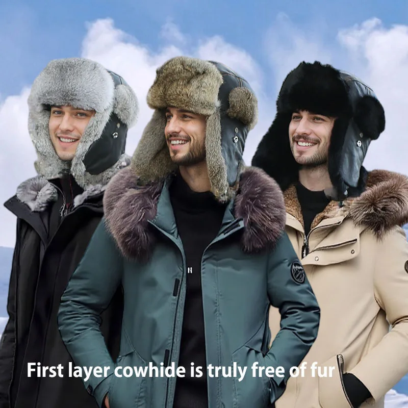 

Winter Hat Warm Mens Trapper Cap Aviator Trooper Fur Earflap Hat Men Flaps Ski Hat Bomber Hats Russian Ski Hat Babbit Fur Hats
