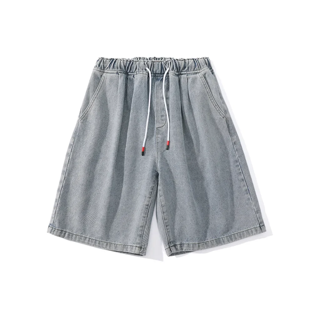 Pop 2024 Summer Men Thin Drawstring Elastic Waist Denim Shorts Jeans Men's Loose Light Blue Grey Retro Wash Straight Leg Pants