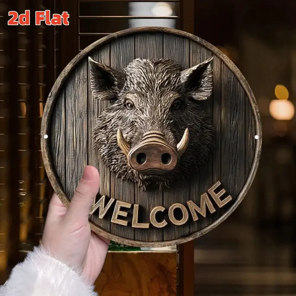 Two-dimensional planar wild boar welcome sign - Rural hunting cabin decoration, 19th-century style round wooden wall art piece