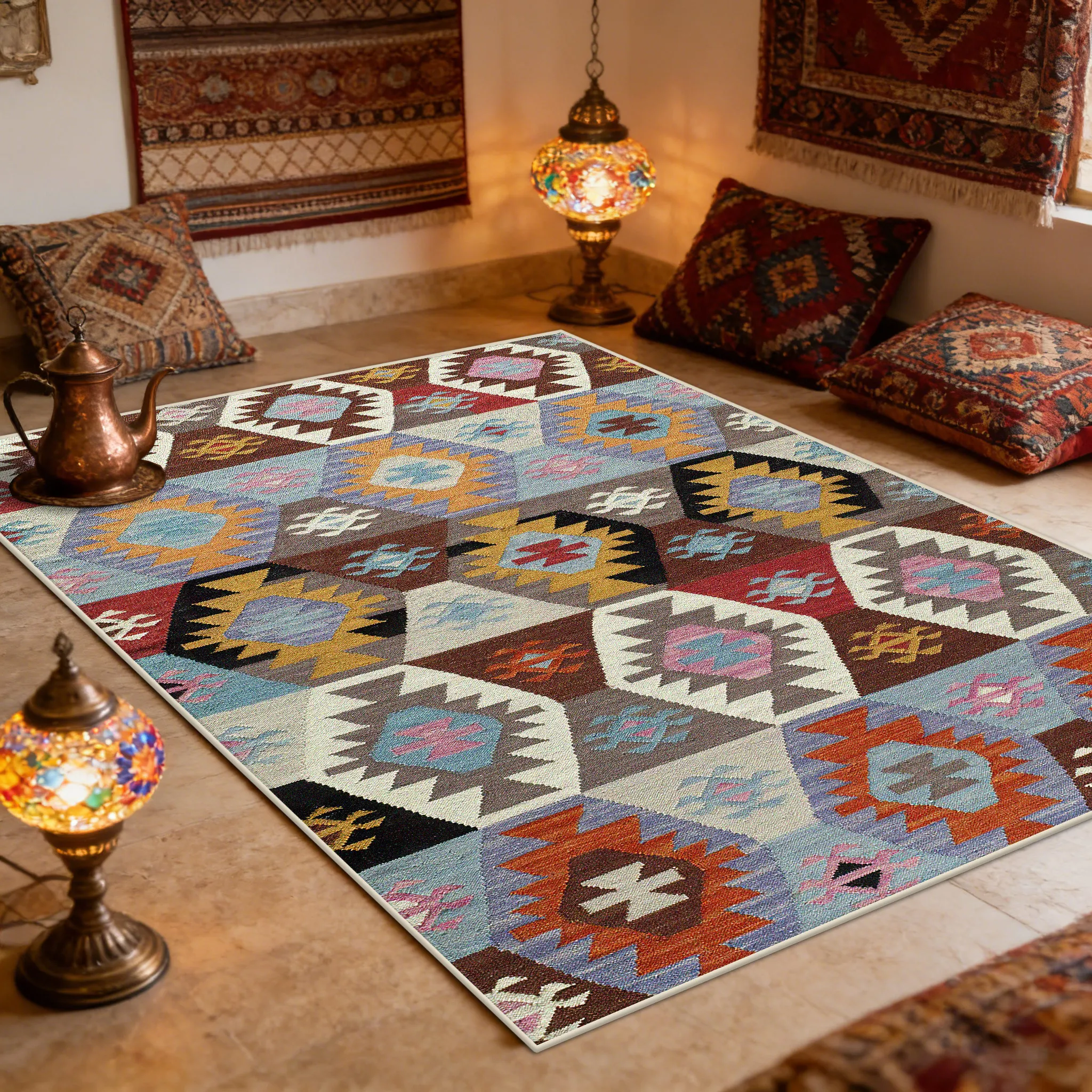 Türkiye Ethnic Style Geometric Pattern Carpet for Living Room Retro Decor Non-slip Bedroom Rug Outdoor Courtyard Easy Clean Mat