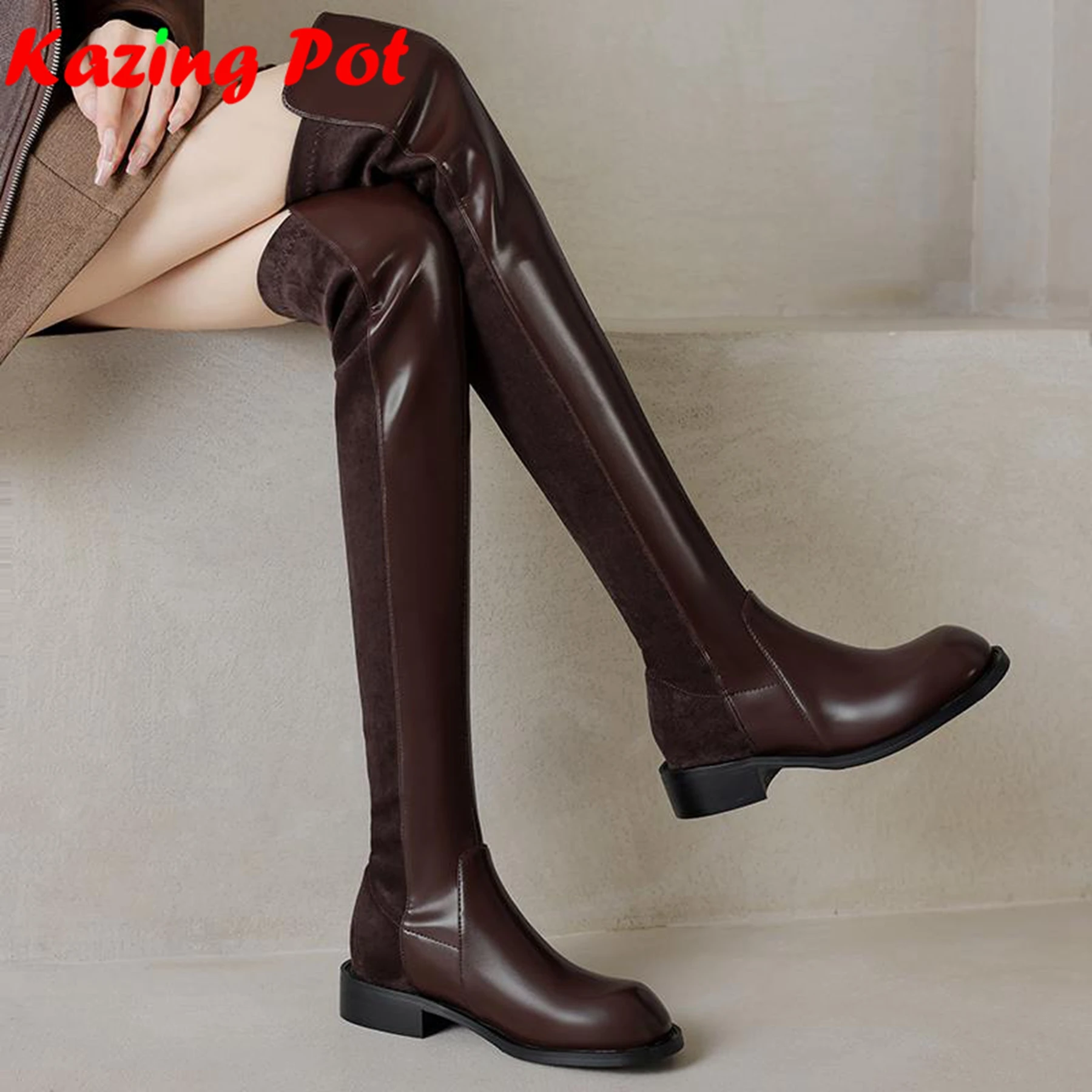 

Krazing Pot Большие размеры 34–43, эластичные длинные сапоги из микрофибры на низком каблуке с круглым носком, элегантные современные эластичные сапоги выше колена без шнуровки