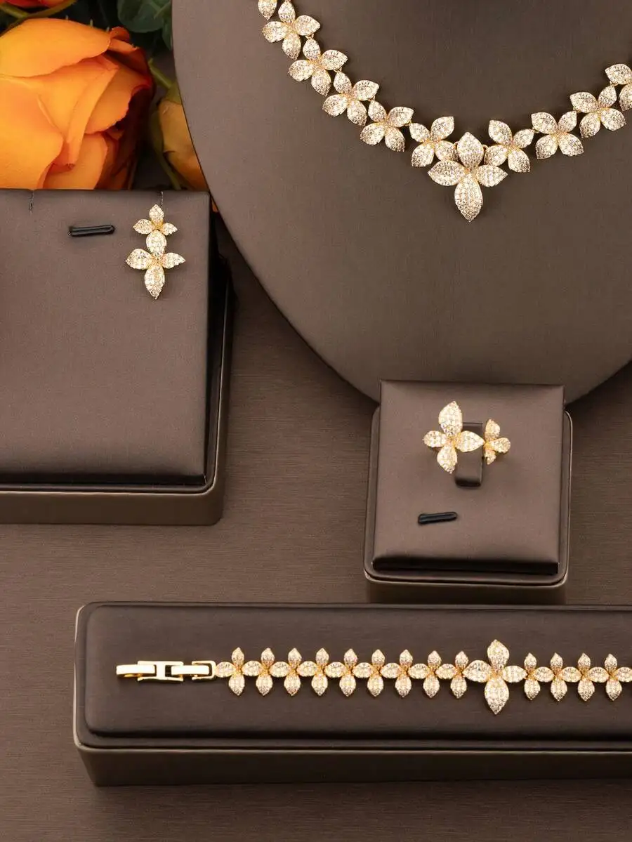 

Luxury Cubic Zirconia Floral Jewelry Set With Earrings Necklace Bracelet And Ring For Wedding Formal