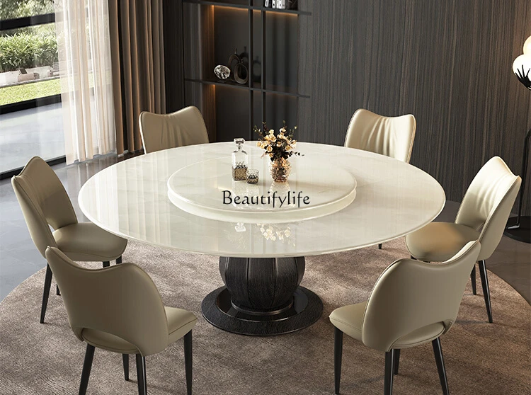 

White ice jade natural luxury stone dining table with turntable Italian light luxury round table crystal white jade