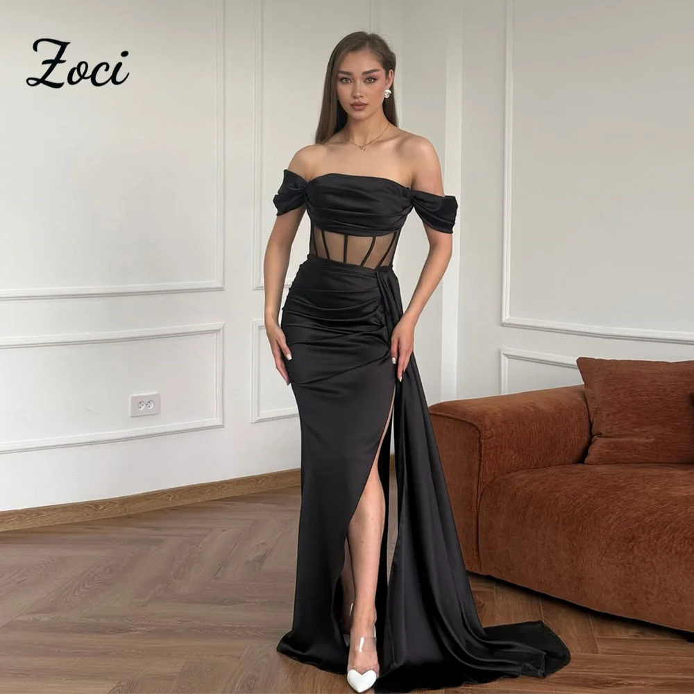 Zoci Black Satin Mermaid Prom Dresses Customized Off Shoulder Formal Evening Dress Transparent Top Slit Special Prom Party Gowns