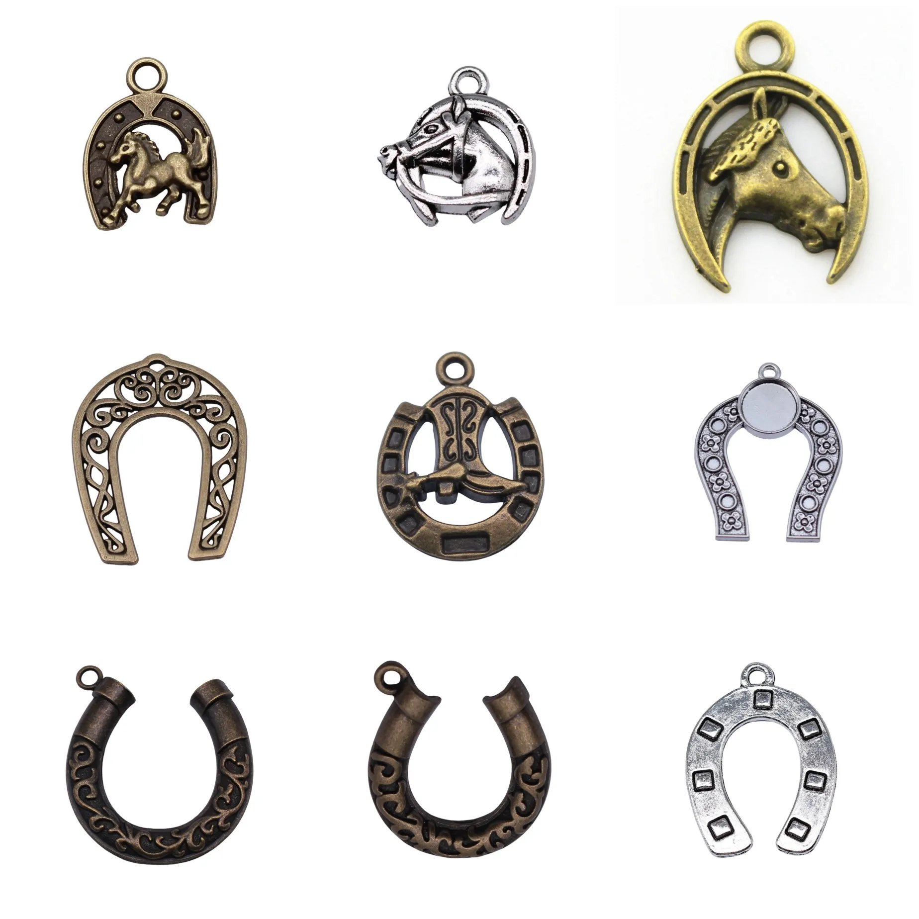 Antique Silver Color Horseshoe Lucky Tool Charms Pendant Western For Bracelet Necklace Earring Jewelry Making Findings