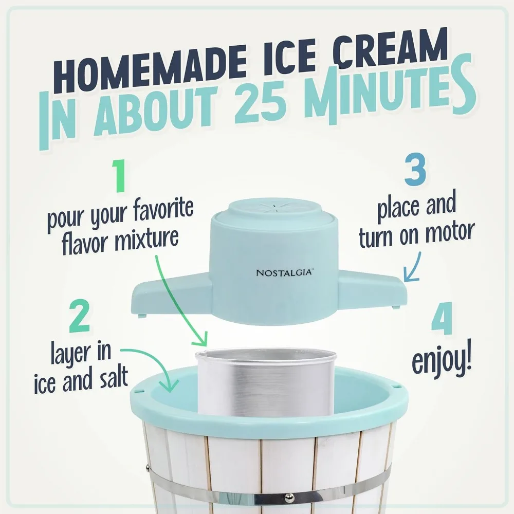 Ice Cream Maker – Wood Bucket Parlor Style, Makes Frozen Gelato in Minutes - Fun Kitchen Appliance – White & Aqua - 4 Quart