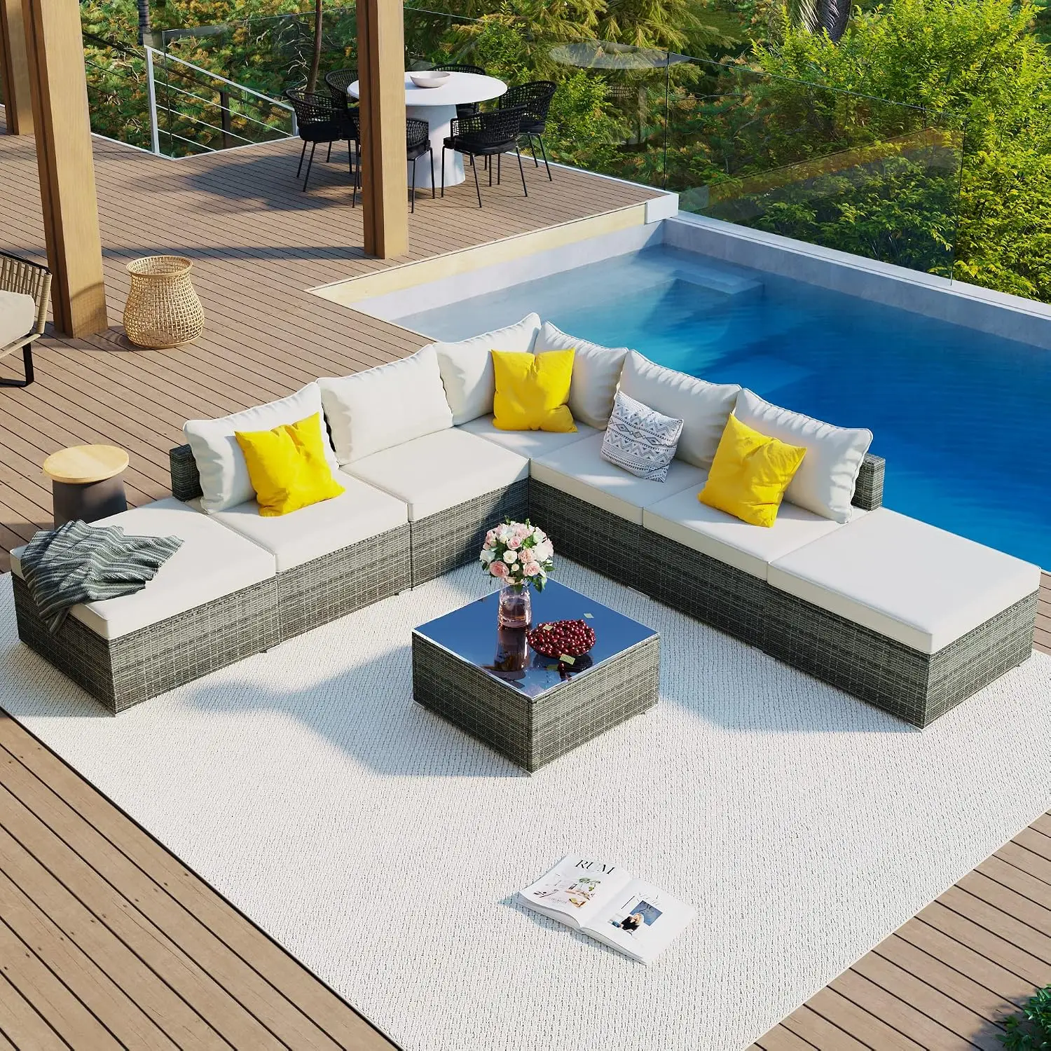 8 Pcs Outdoor Patio Wicker Sofa Set, Modular Single Sofa, Beige Cushions Gray Frame, Customized