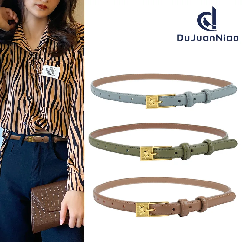 Women's Skinny Leather Belt Elegant Thin Square Alloy Buckle Waistband for Dress Jeans Office Commute Wear