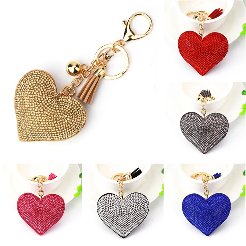 Colourful Heart Full Rhinestone Keychain PU Leather Tassel Keyring for Women Car Key Holder Valentine\'s Day Gift