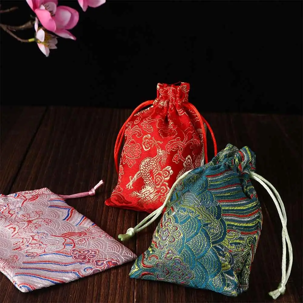 Candy Tie Embroidered Drawstring Gift Party Pouch Jewelry Packaging Bag Satin Storage Bag