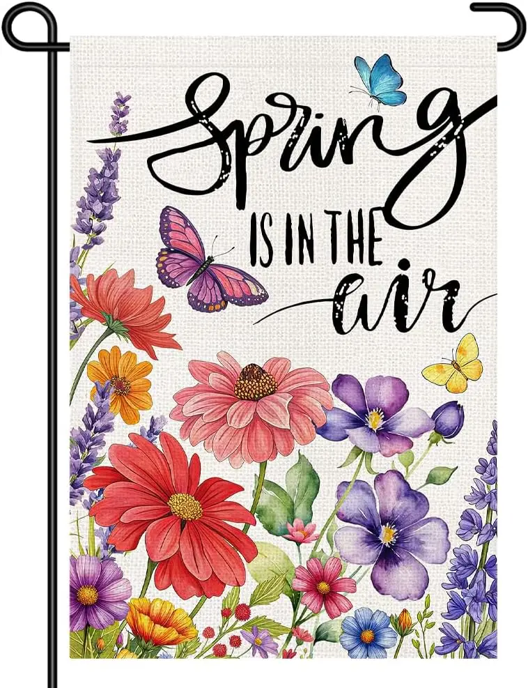 Spring Is In The Air Garden Flag 12x18 Inch, Colorful Wildflower & Butterfly Yard Flag, Double Sided Burlap Outdoor Spri AAS