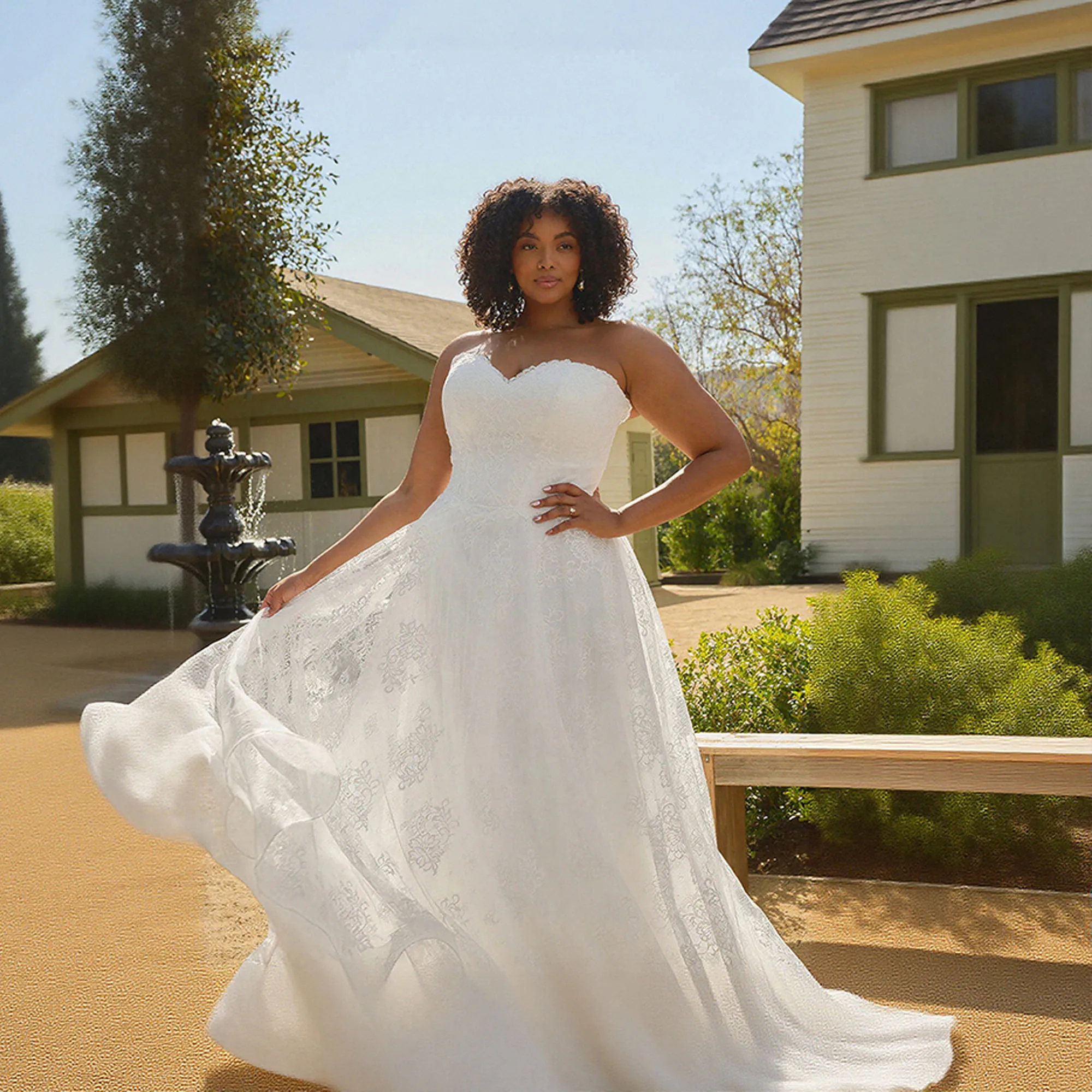 

Plus Size Strapless A Line Wedding Dress Lace Illusion Back Sleeveless Bridal Gown for Civil Wedding Sweep Train Customized