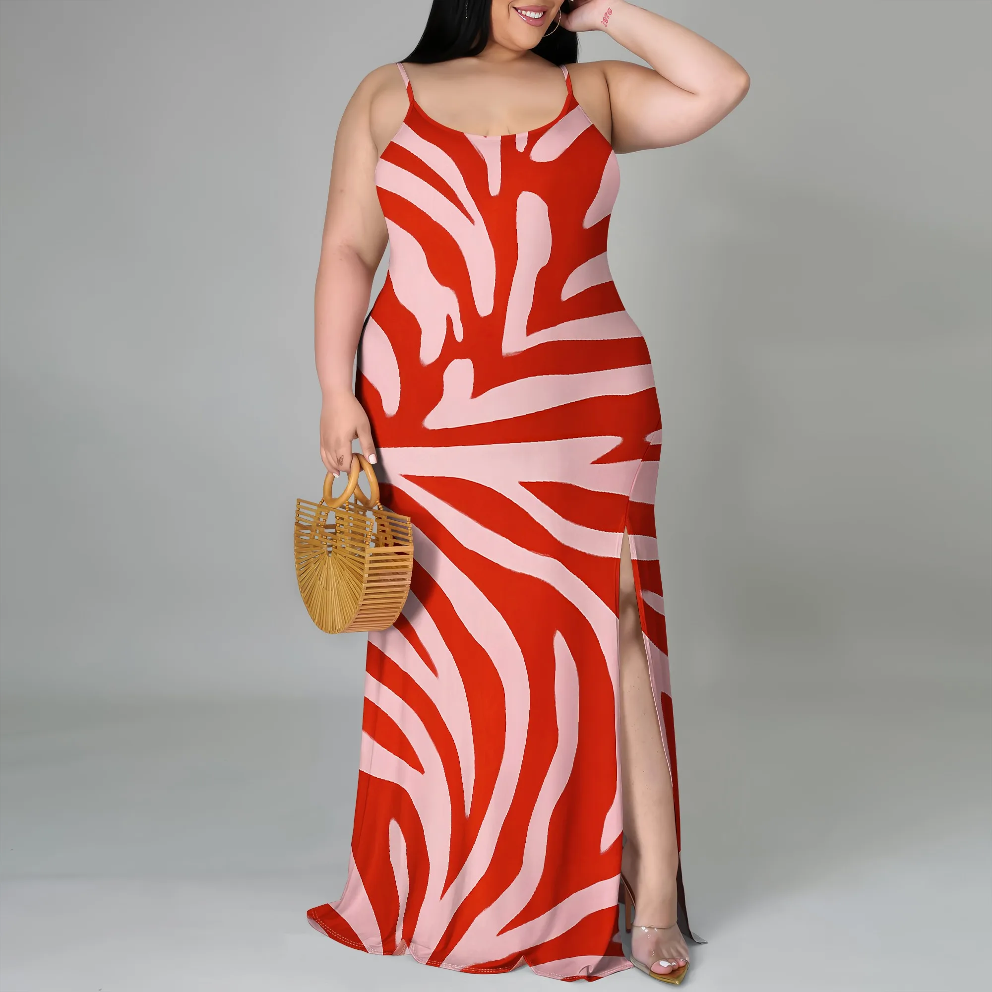 

"Plus Size Red Zebra Print Maxi Dress with Side Slit - Spaghetti Strap, Summer Beach Party Outfit, Sizes XL-6XL"