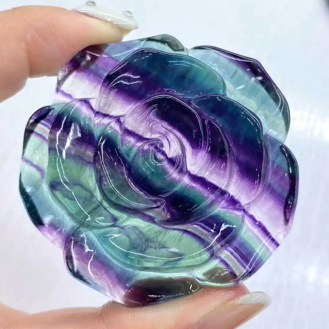 5-5.5CM Natural Fluorite Crystal Quartz Carved Rose Flower Aesthetic Decorations Healing Stone Women Gifts