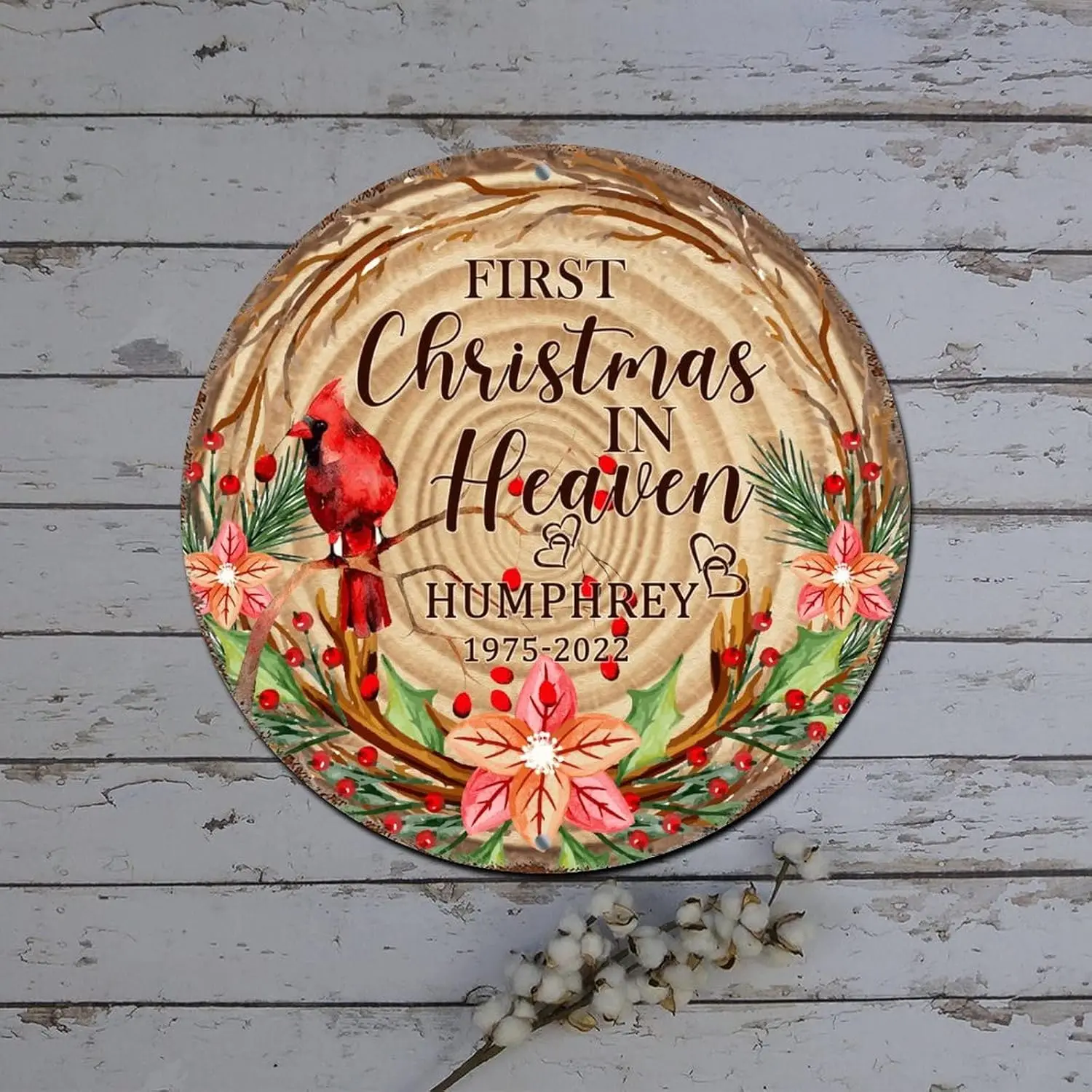 Red Truck Wreath Sign First Christmas in Heaven Cardinalis Poinsettia Round Metal Tin Sign Christmas Door Decor Shabby Metal Sig