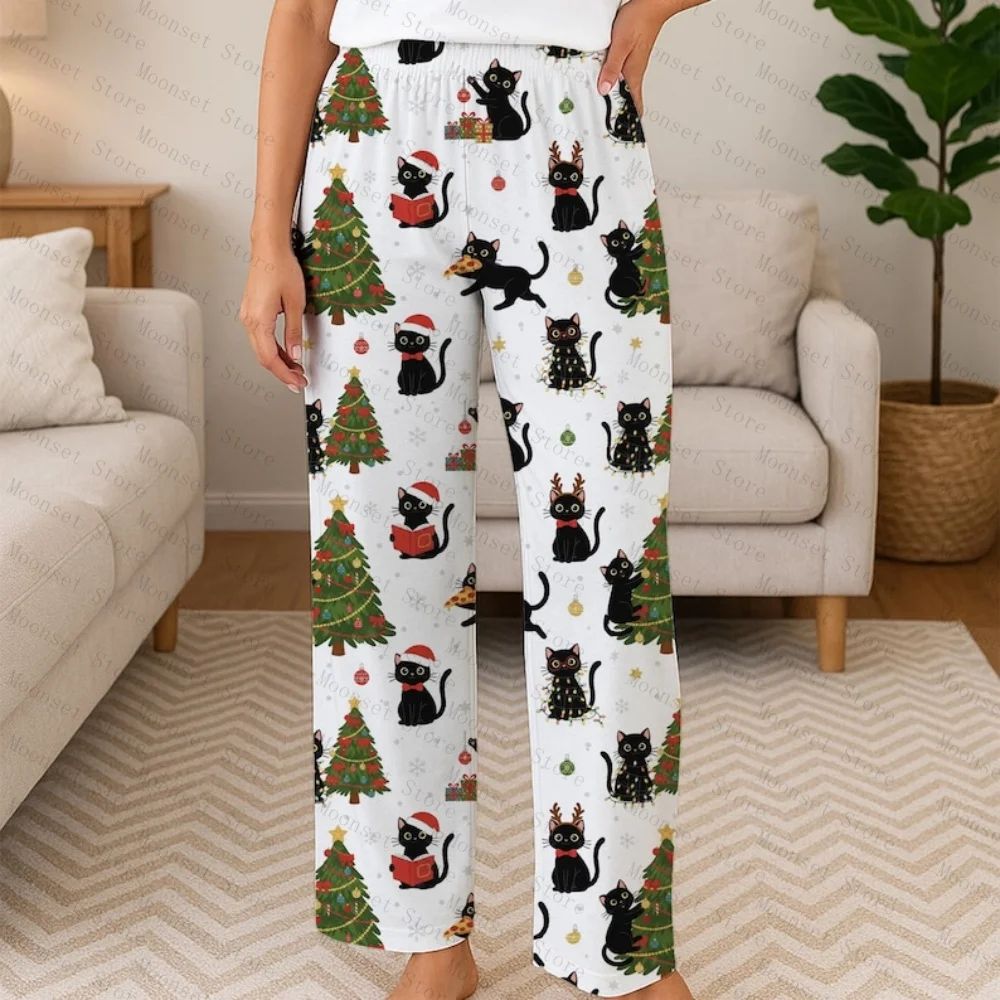 

Christmas Sleeping pants Black Cat and Bows Pajamas Pants Coquette Cat Christmas Pjs Women Xmas PJ Pants Milk Silk Home pants