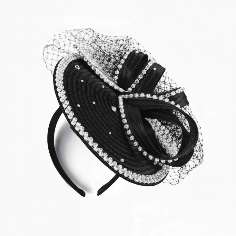 Rhinestone Studded Fascinator Hat Satin Ribbon Bowknot Design Birdcage Veil Headpiece Pre-Shaped Layered Flower Derby Fascinator