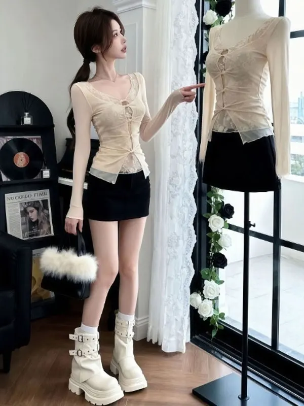 

Slimming Long Sve Lace T-irt Beautiful Unique Women's Faion Autumn Winter Color V-Ne Regular Fit Ci Walk