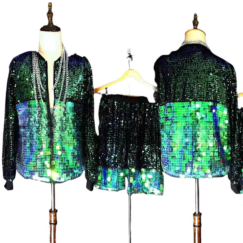 

Clearance Men's Dazzling Green Sequins Baseball Uniform Set Nightclub Male singer Dancer DJ Stage Show Performance costumes