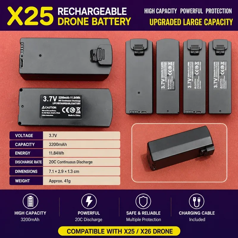 for X26 X25 Drone 3.7V Lithium Battery F197 Quadcopter Large Capacity Long Life Modular Li-ion Battery Replacement