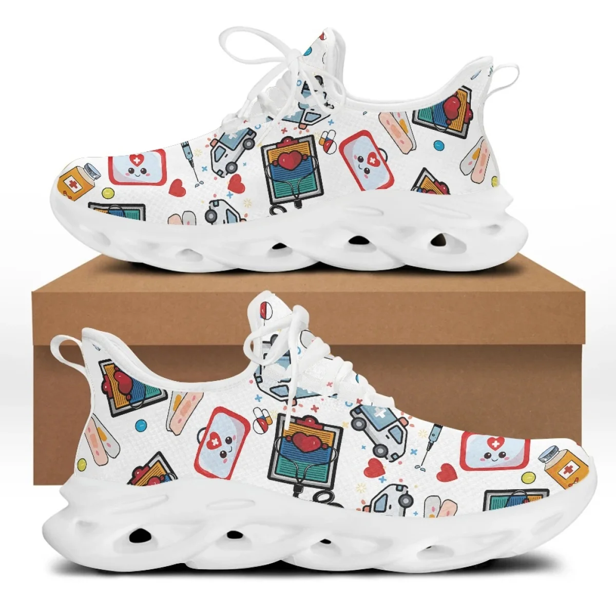 Cute Cartoon Nurse Girl Medical Design Women Lace Up Sneaker Free Mesh Flat Shoes For Ladies Zapatillas Hot 