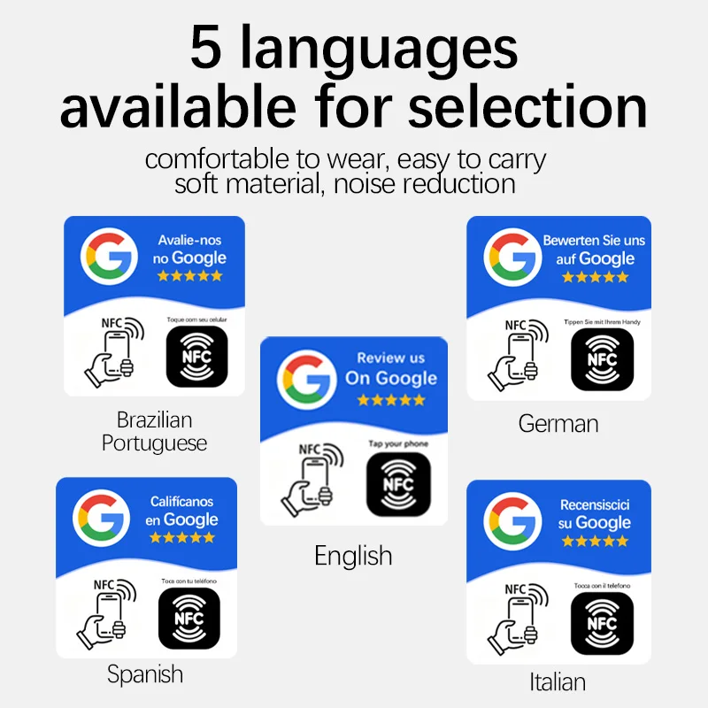 NFC Google Review Card 13.56MHz NFC215 Programmable Tap Card Spanish French German Italian English Boost 5 Star Reviews Business