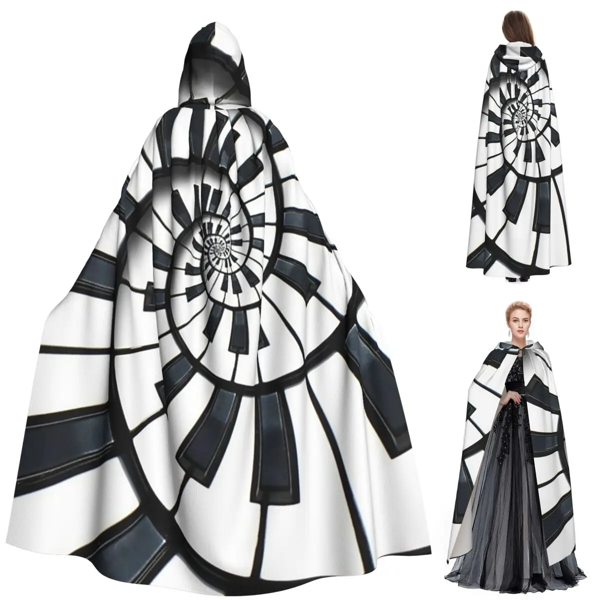 Abstract Piano Keys With Musical Notes Long Hooded Cloak Witch Medieval Costume Cosplay Cape HalloweenParty Adult Unisex