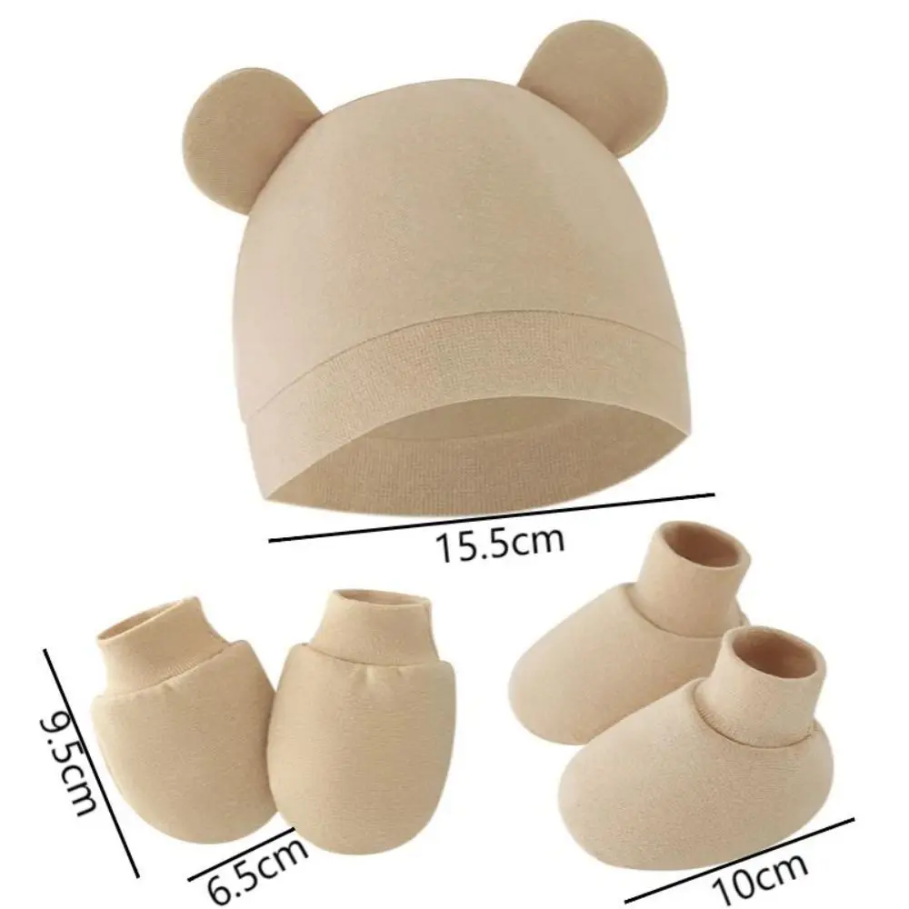 1 Set Cute Ears Baby Gloves Soft Cotton Solid Color No Scratch Mittens Socks Anti Scratching Warm Hat Foot Cover Set Newborn