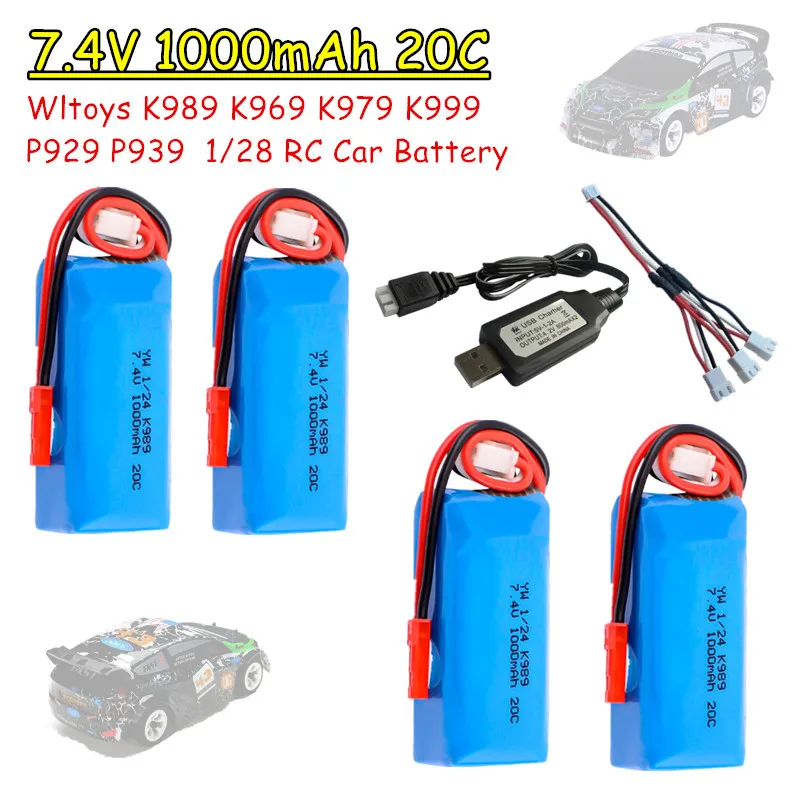 Batería Lipo WLtoys K989 7.4V 1000mAh 20C y cargador USB para WLtoys K969 K979 K989 K999 P929 P939, accesorios para coches de juguete RC
