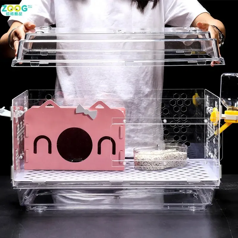 Acrylic Guinea Pig Cage with Pull-Out Tray, Anti-Catch Feet Pet Habitat, Pull-Door Transparent Enclosure for Rabbits & Hamsters