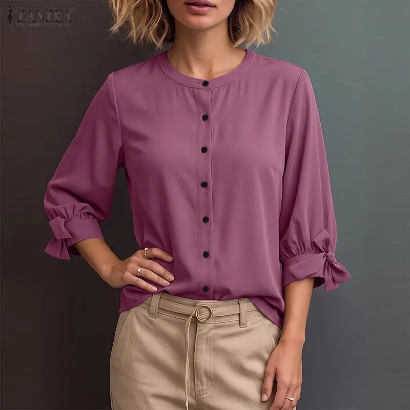 ZANZEA Women Bow Tie Cuff Buttons -Up Shirt Fashion O-Neck 3/4 Sleeve Blouse Summer Autumn Elegant Casual Office Work Solid Tops