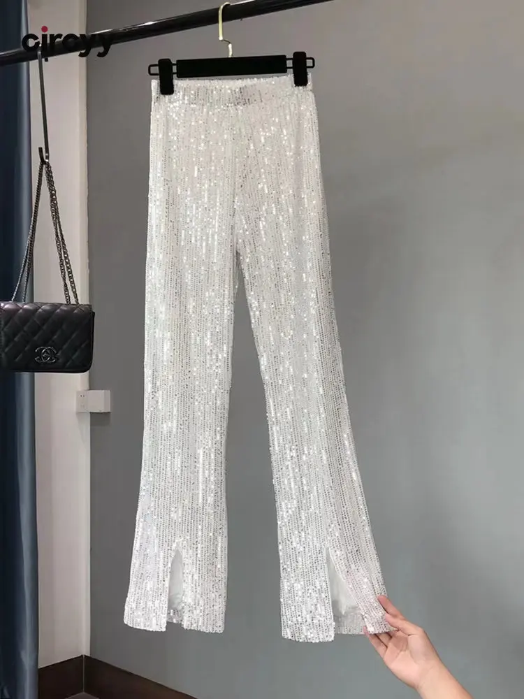 Y2k Pants Woman Elastic Waist Sequins Slit Cut Wide Leg Trousers Shiny Full Length Straight Female High Street 2023 New