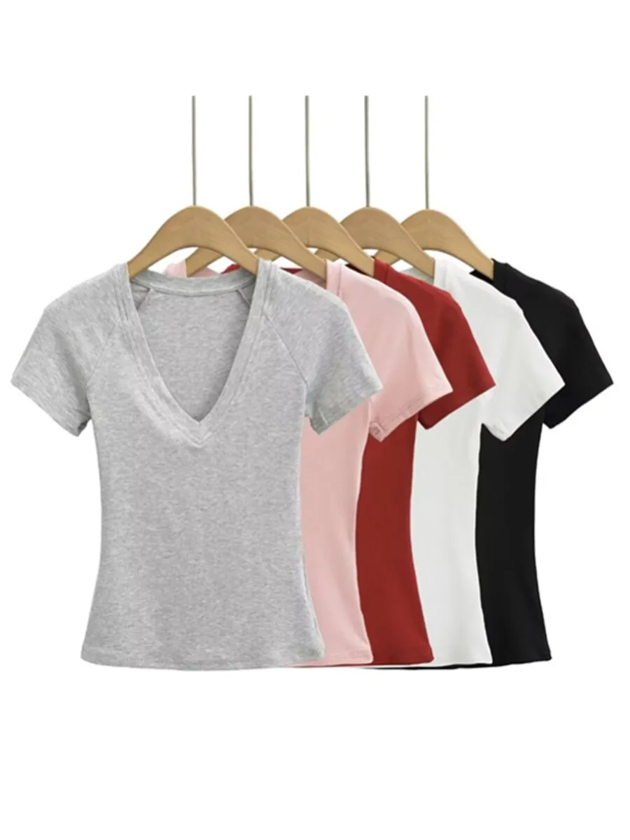 Street Sle ort Sve V-Ne Slim Fit Sexy poitrine couleur Pure t-shirt style décontracté à la mode taille-collant haut pour les femmes