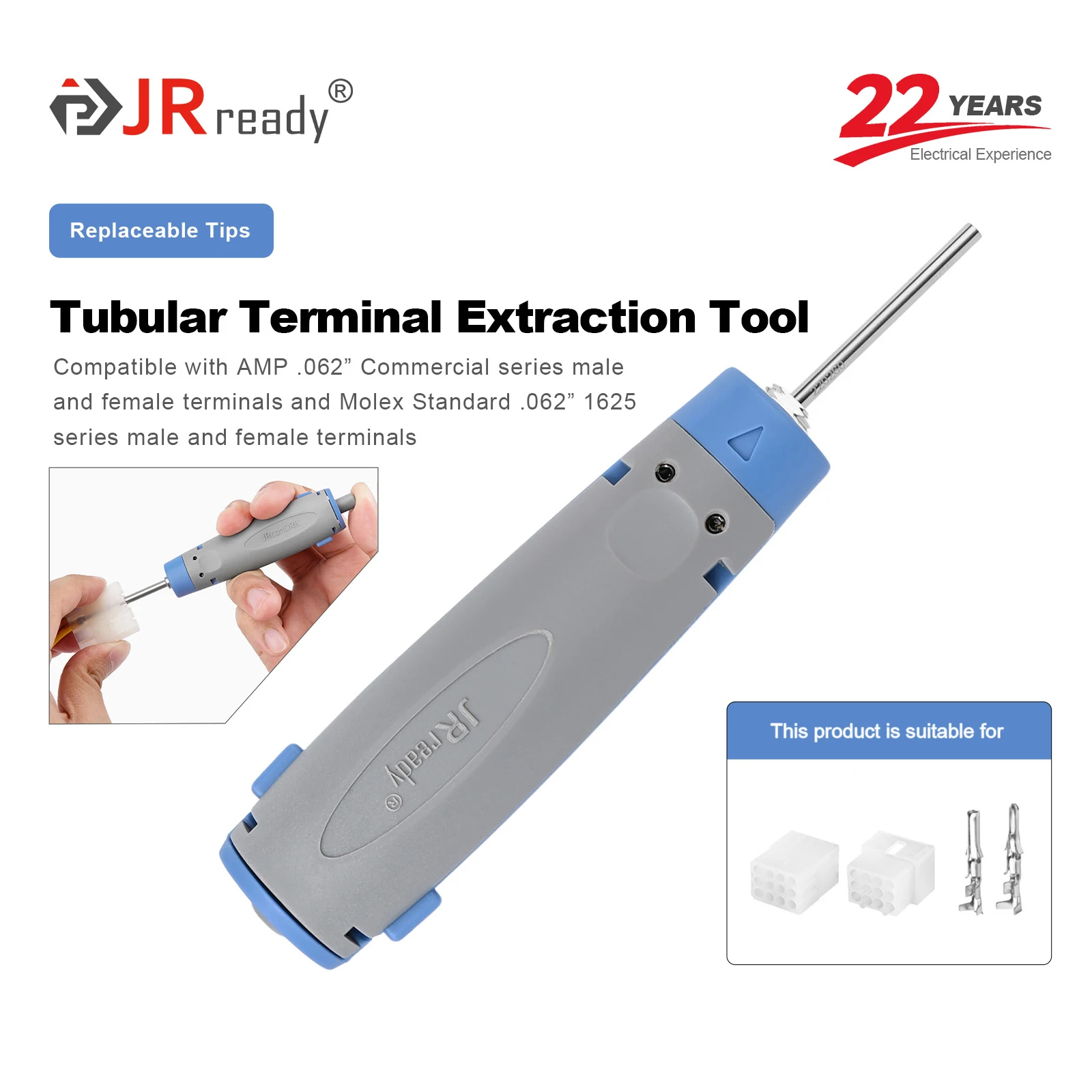 JRready JRconDRK-T220260 Stiftextraktionswerkzeug, geeignet für AMP .062" Commercial-Serie, Molex 3.68 Pitch/8980 Serie Anschlüsse.