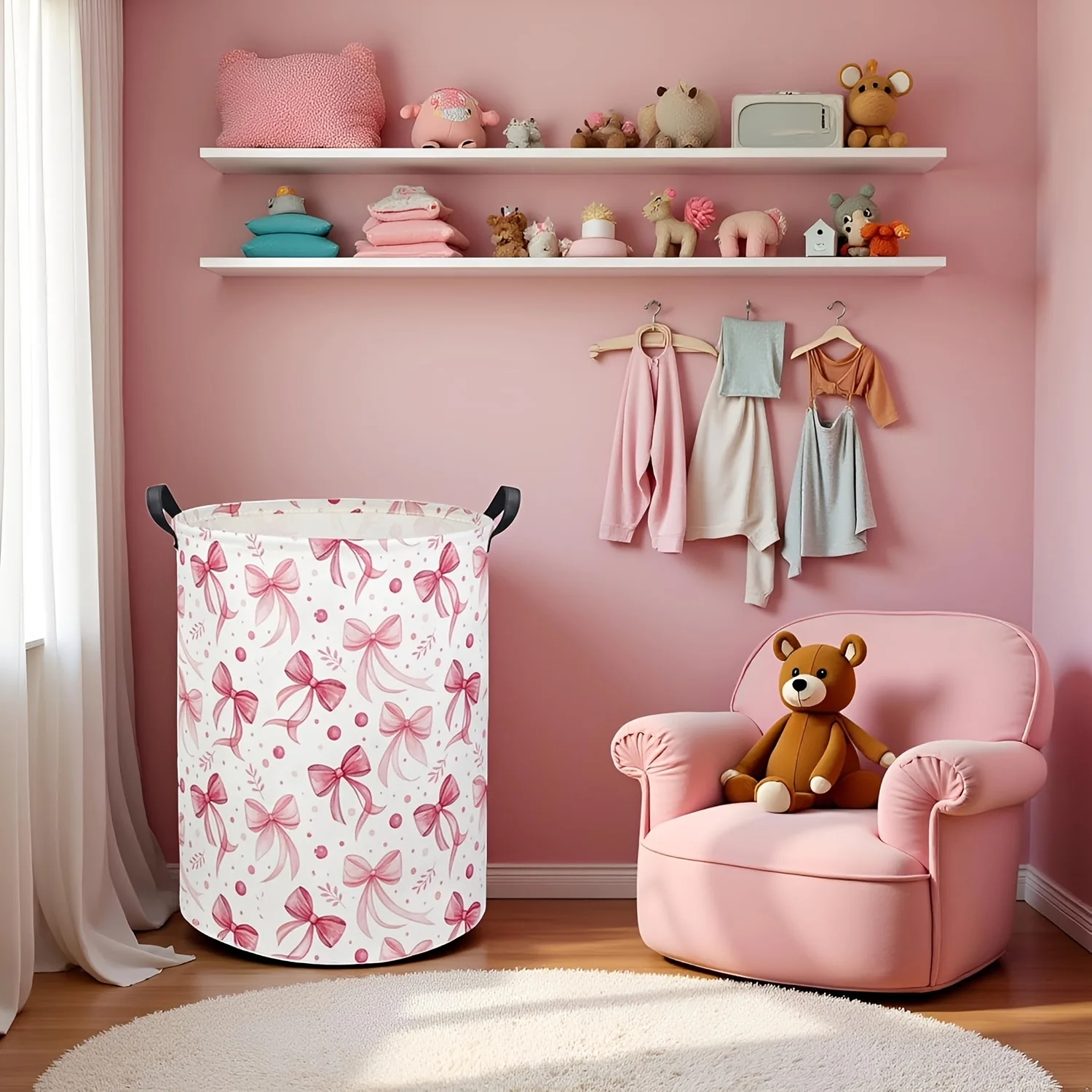 Cute Butterfly Laundry Basket Hamper with Pink Bowknot Storage Organizer Room Decor Durable Canvas Bin for Toys