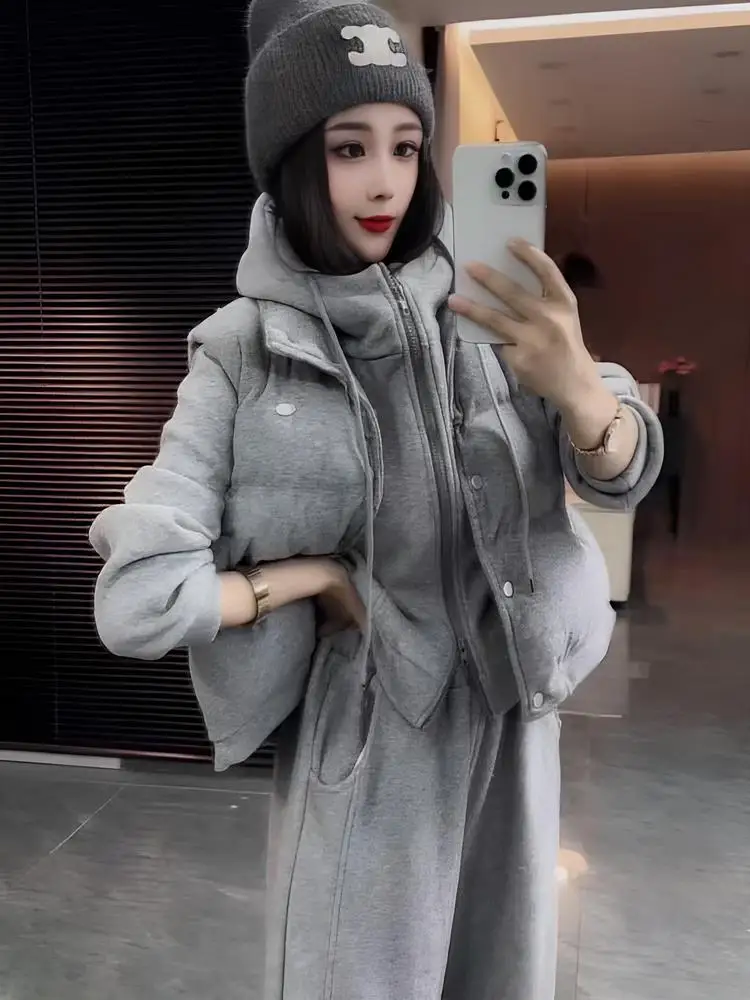 

Women's Winter Thickened down Cotton Sweatshirt Set Casual Sports Style Fleece Lined Three Piece Suit Stand Collar Jacket