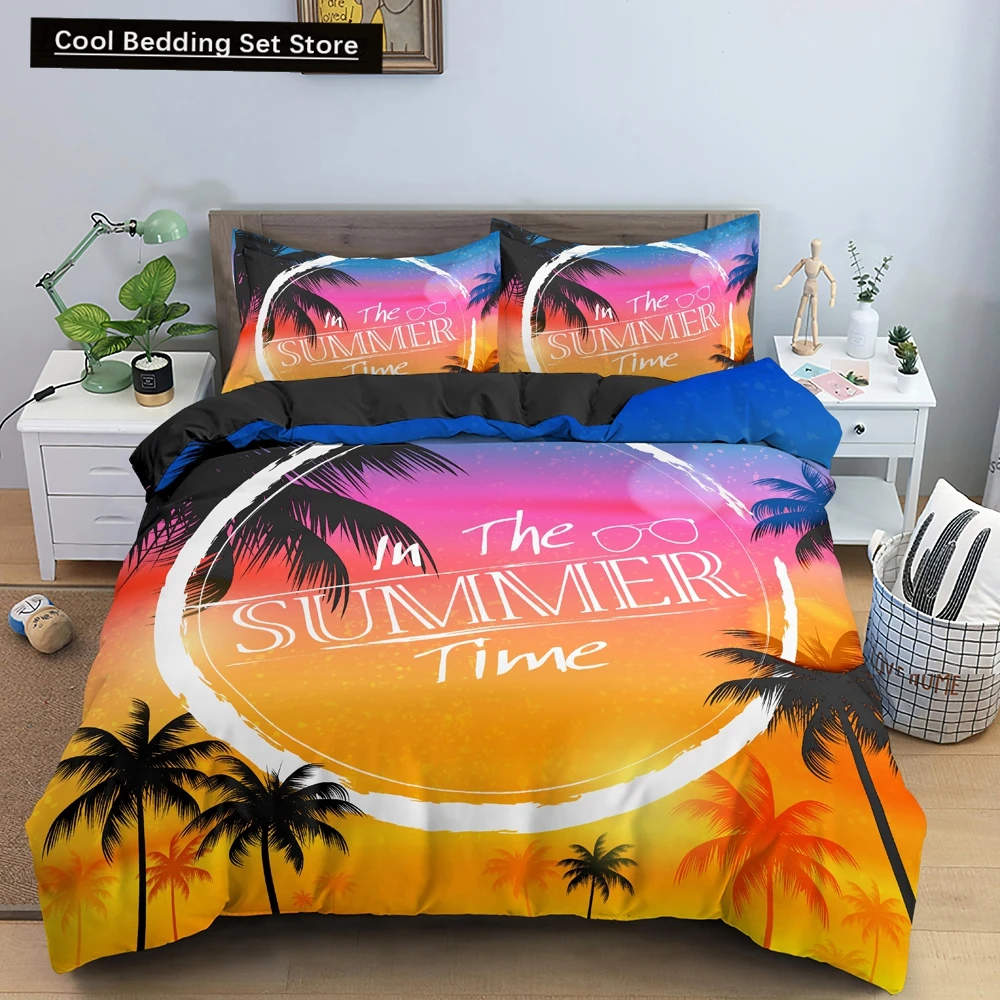 Tropical Coconut Palm Tree King Queen Duvet Cover Hawaii Seaside Sunset Bedding Set Sunrise Plant 2/3pcs Polyester Quilt Cover