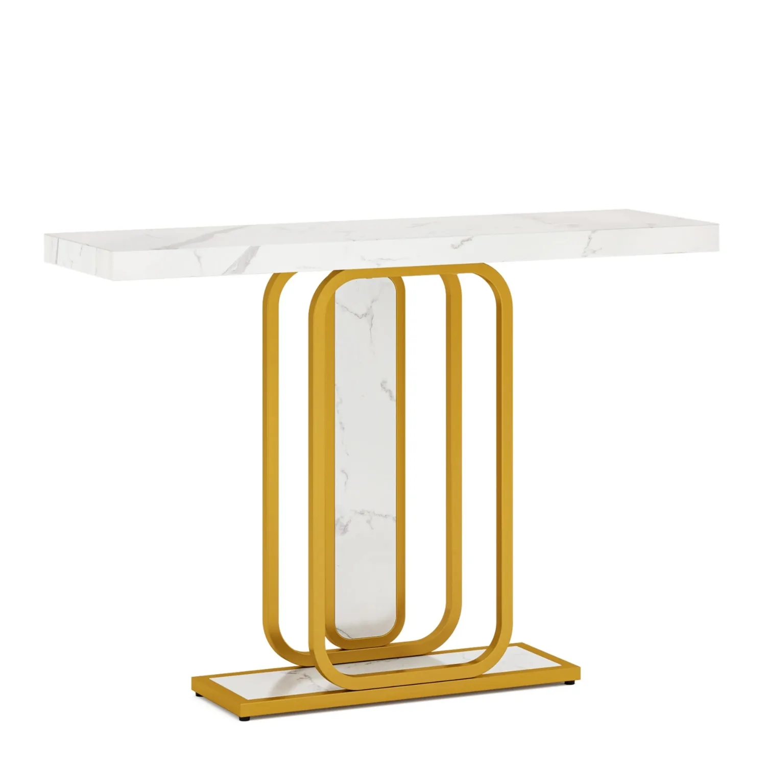 Modern Gold White Console Table with LED Lights, 41.3 Inch Entryway Hallway Foyer Accent Table with Faux Marble Veneer